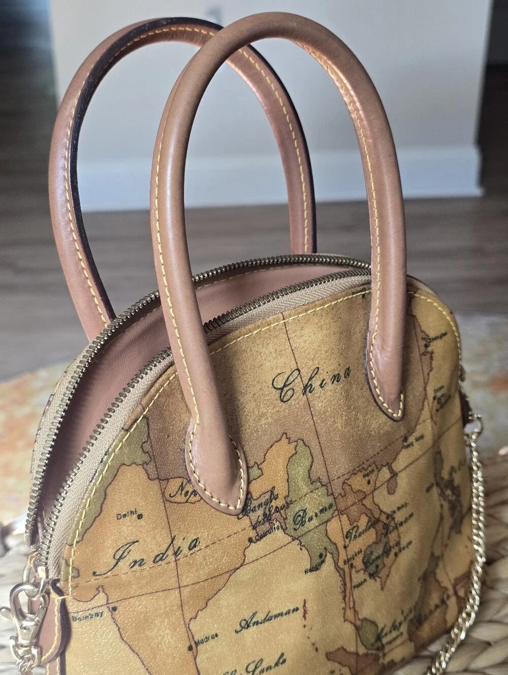 Authentic Alviero Martini Map-Print Dome Satchel Handbag